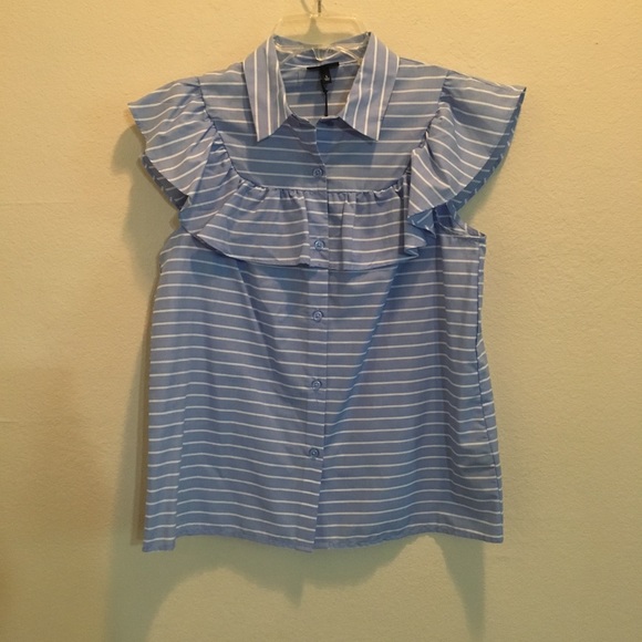 NWT Blue Striped Ruffle Button Down Blouse - Picture 3 of 6
